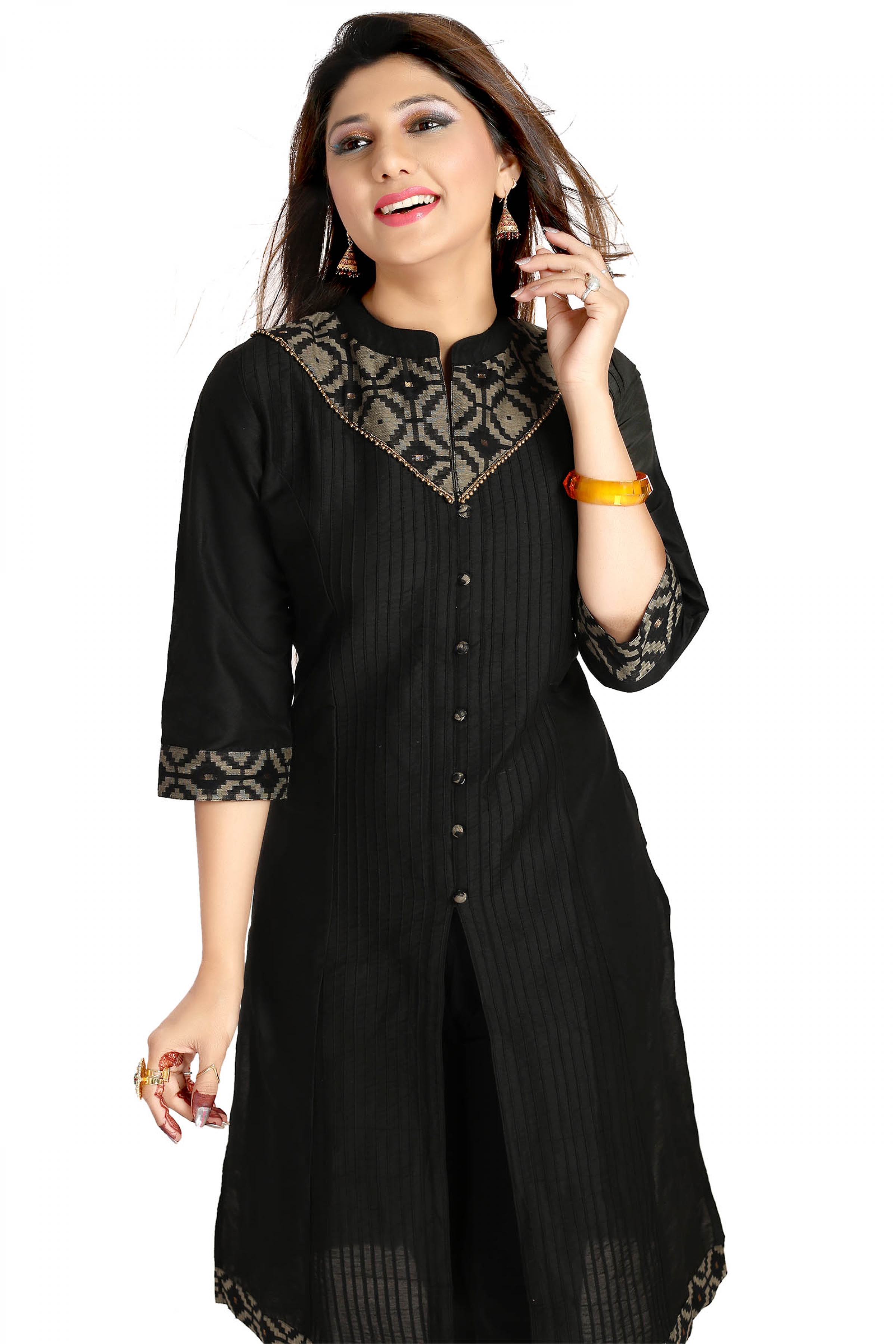 Black Cynosure Cotton Silk Designer Short Kurti For Women With Pintex 
