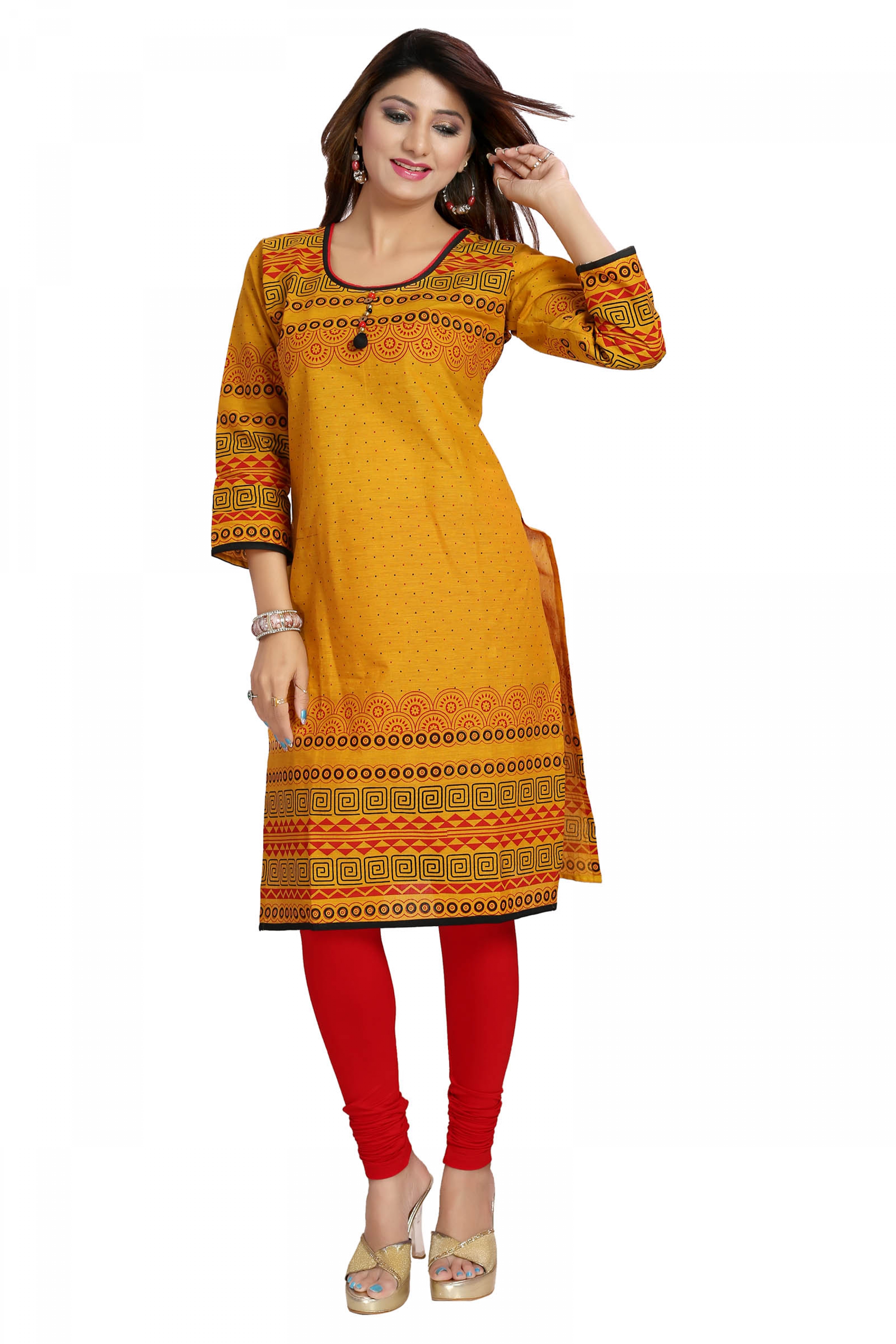 Must Have Mustard Cotton Tunic with Black and Red Print Design