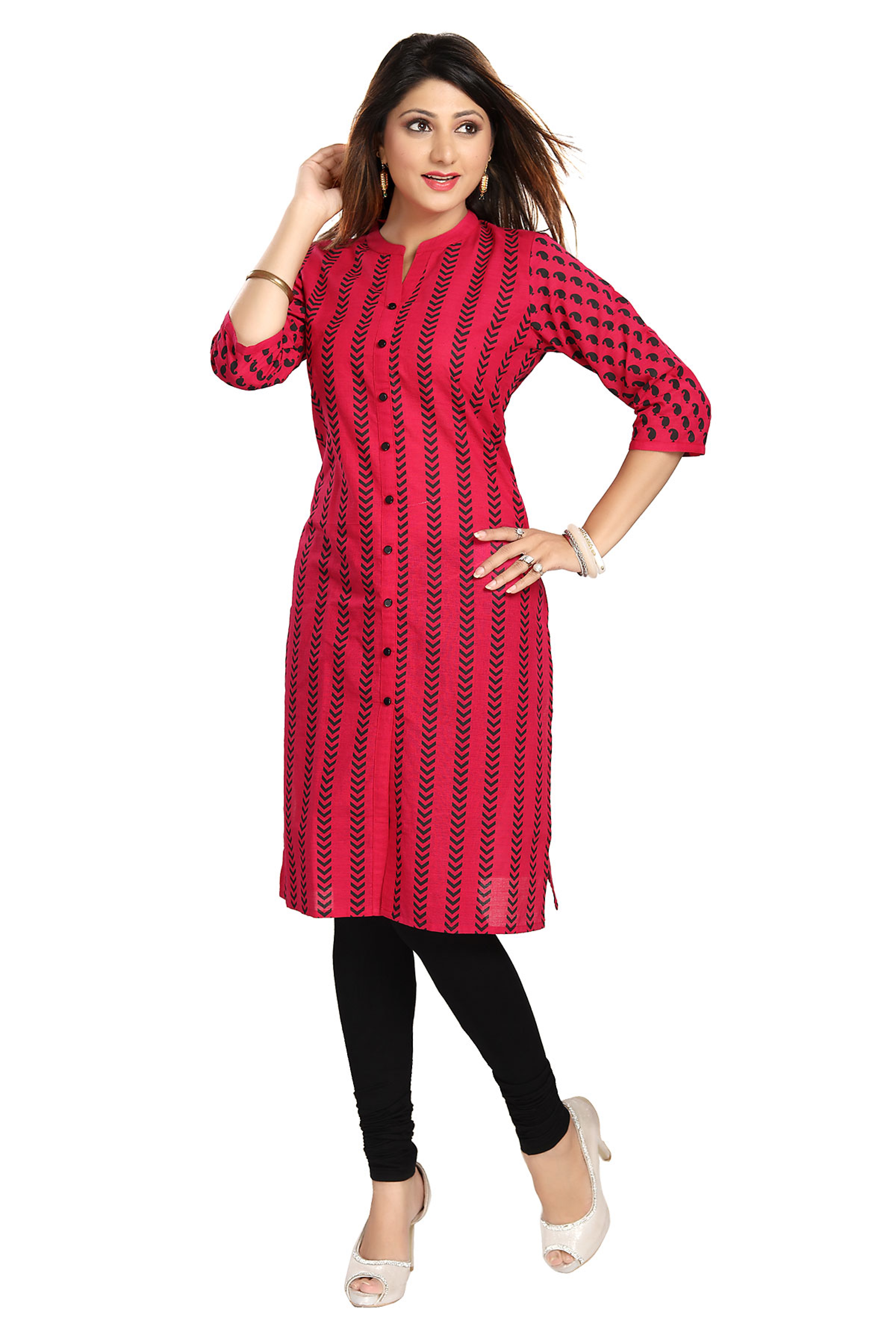 Casual Craze Magenta Cotton Printed Shirt Tunic Dress with Black Button