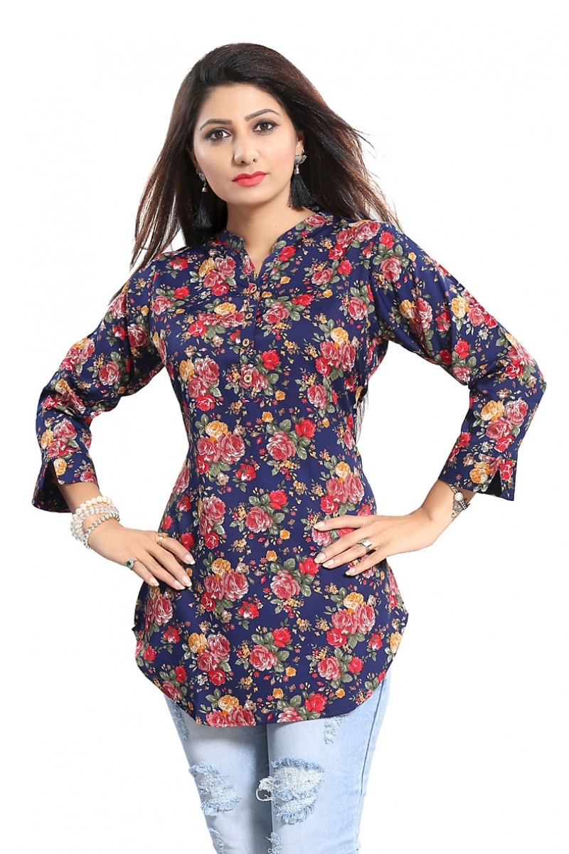 Exquisite Red Poly Crepe Short Tunic with Floral Print