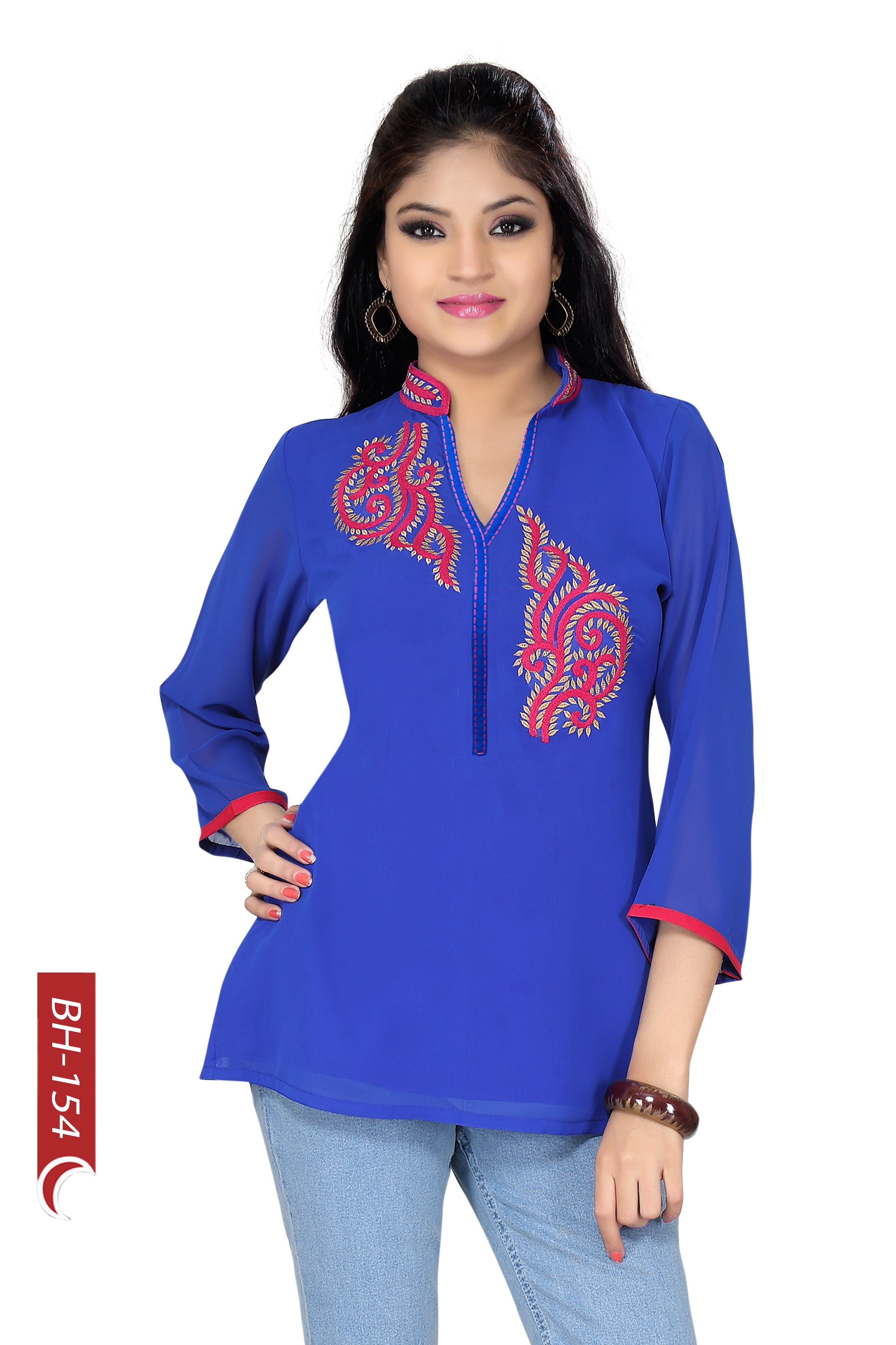 The Blue Bella Short Tunic Top with Machine-work Embroidery