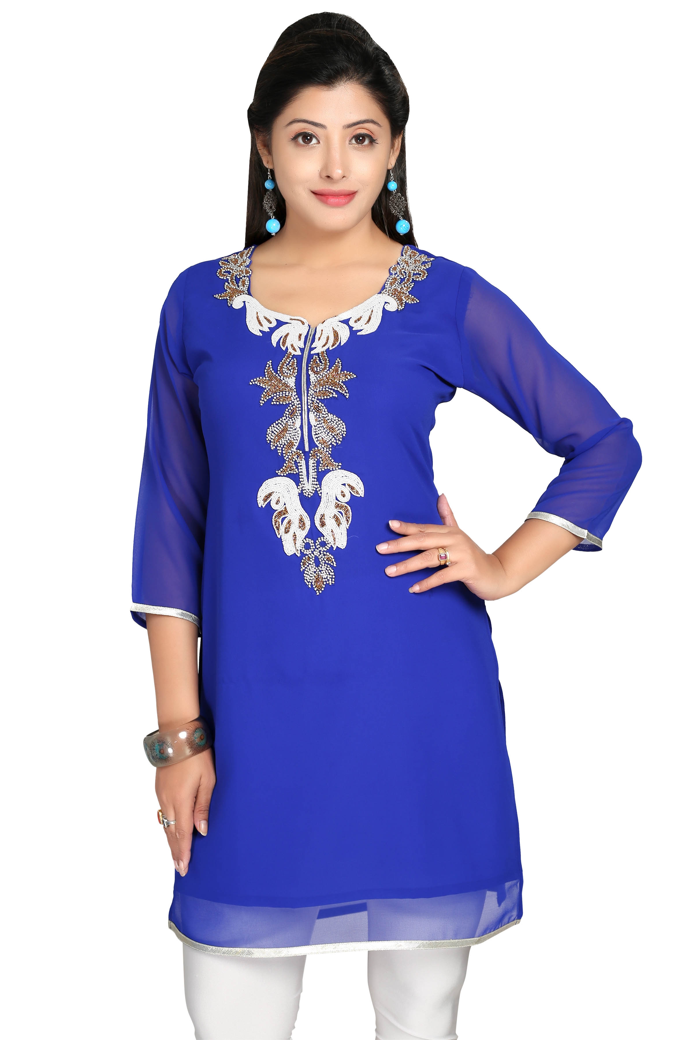 Stunning Serenade Royal Blue Georgette Short Tunic With Thread And