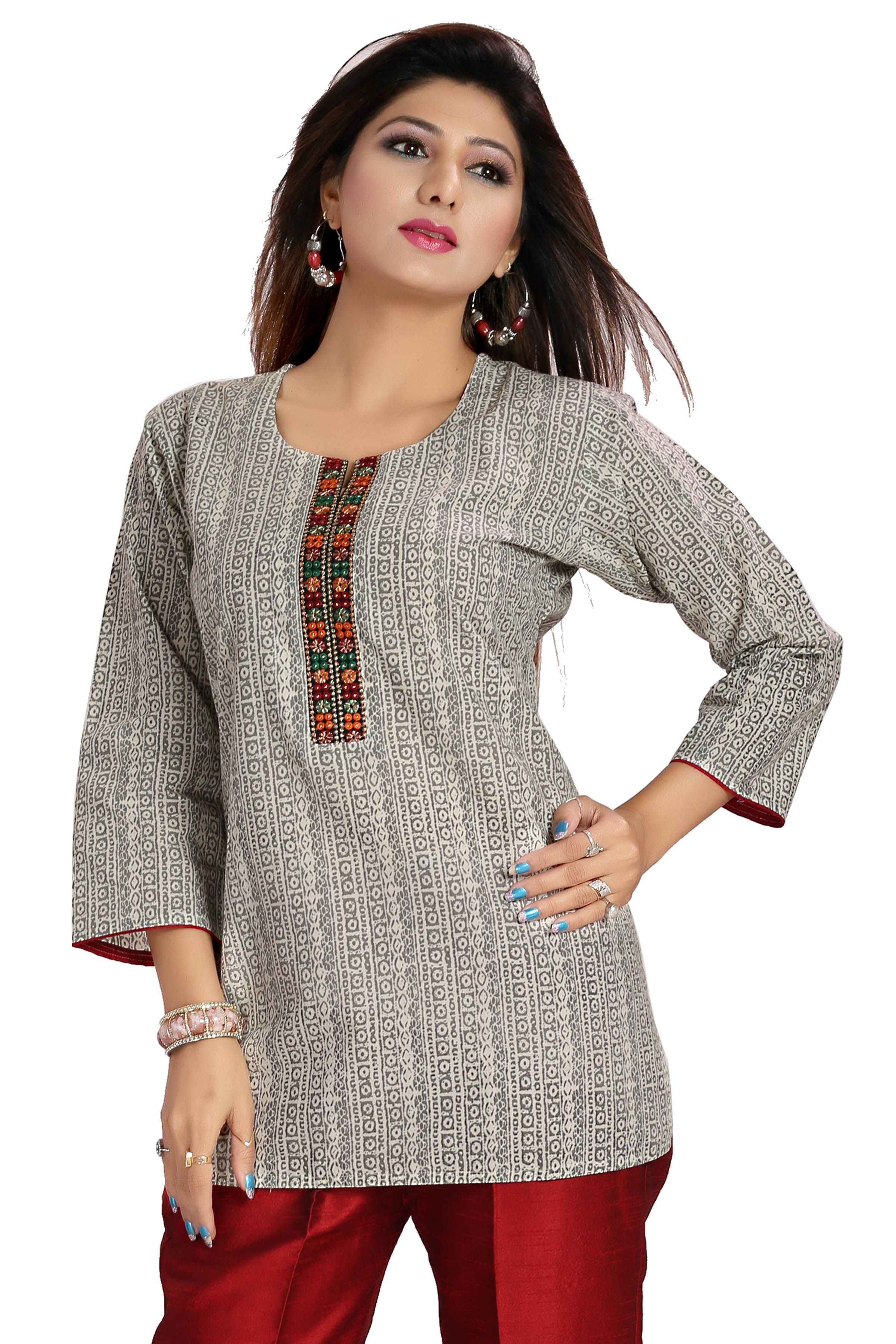 Summer Own Grey Printed Cotton Short Tunic with unique Neckline