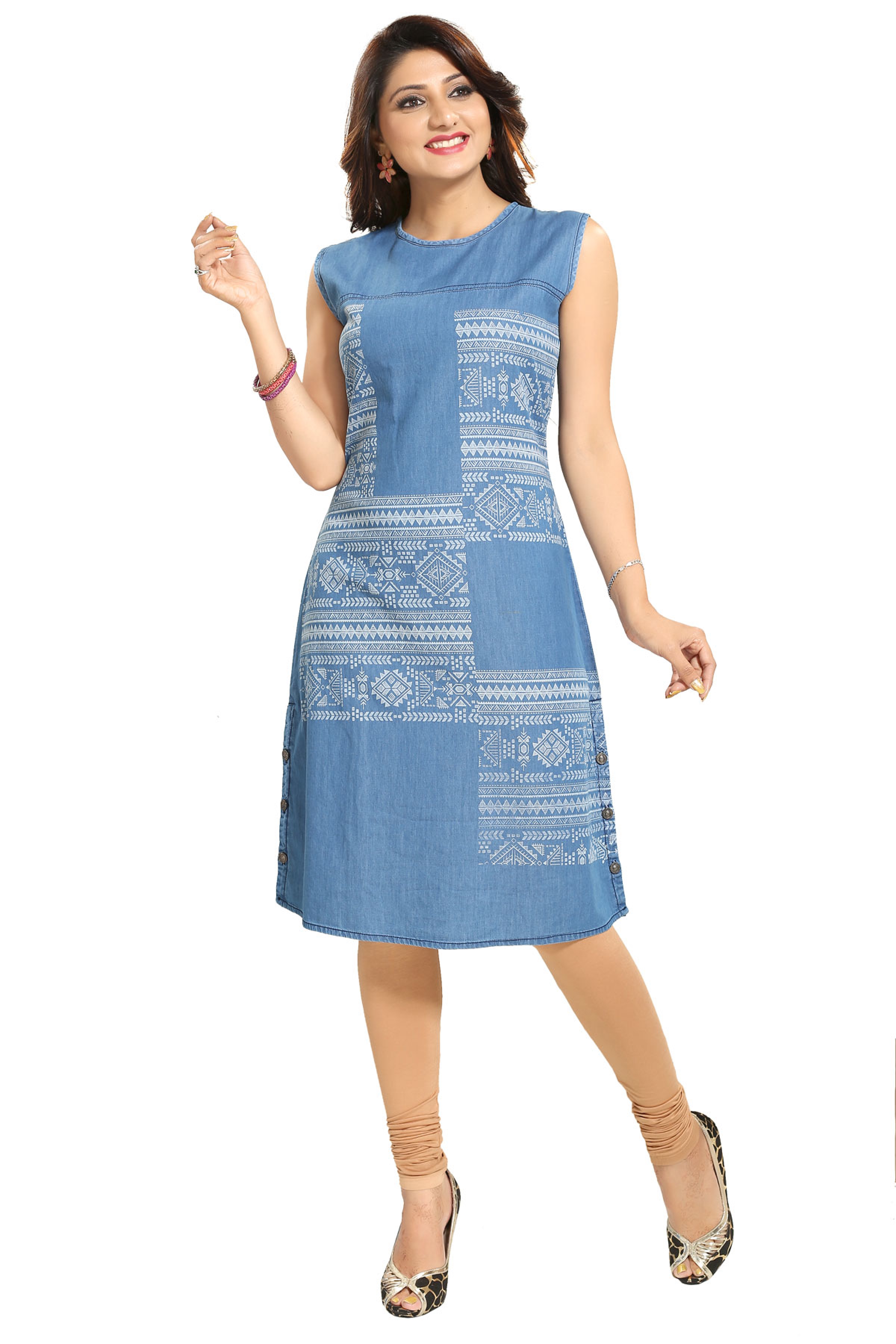 Peppy Printed Light Blue Denim Sleeveless Kurti Dress For Everyday Wear