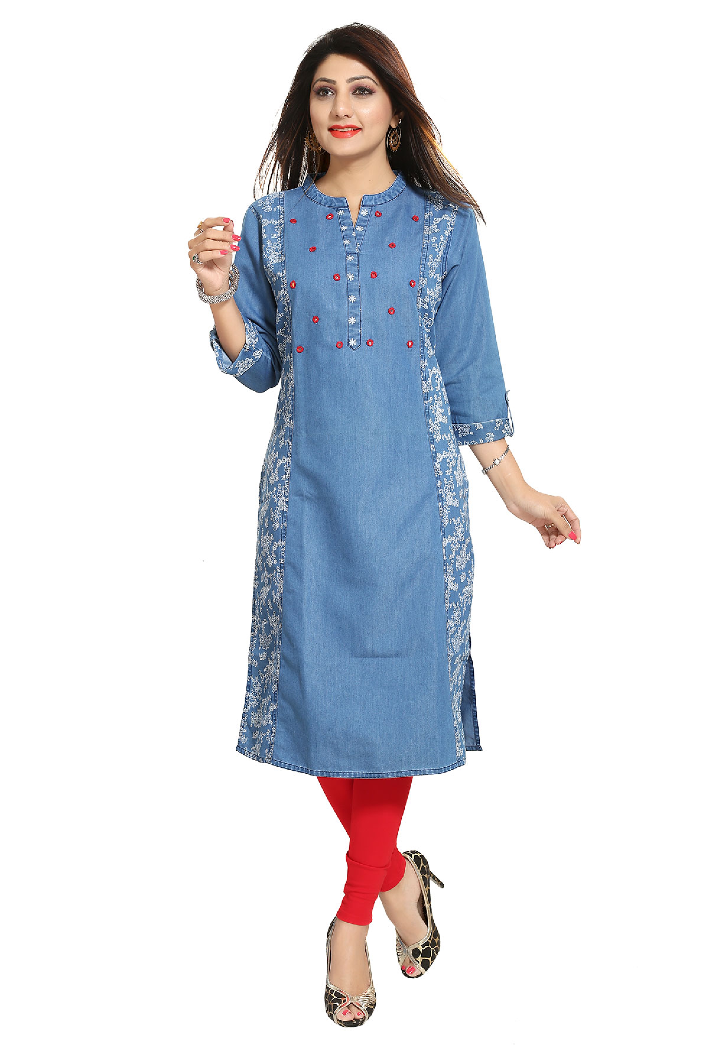 Blue Designer Printed Denim Long Kurti For The Season
