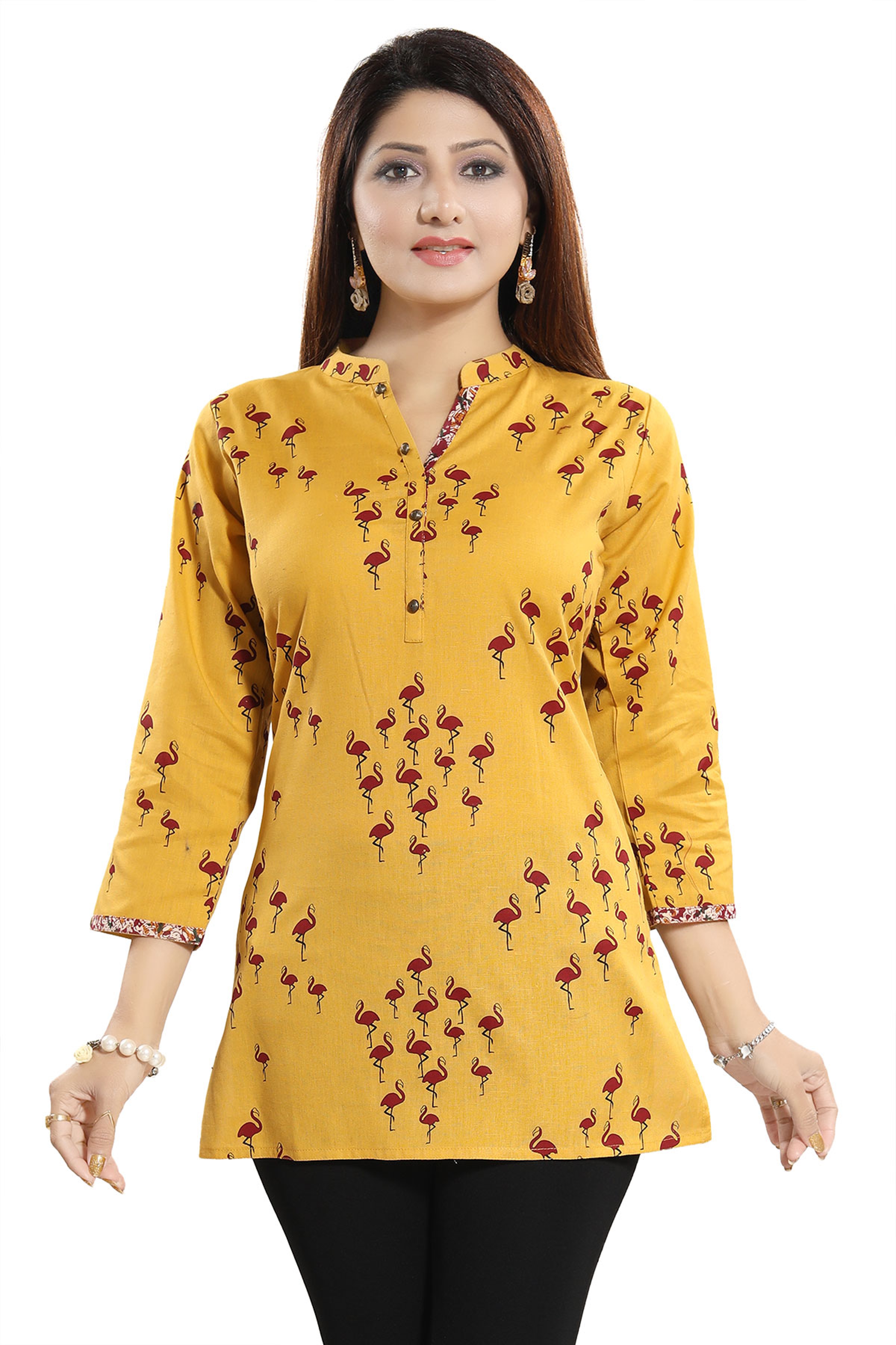 Funky Freeze Yellow Cotton Printed Short Tunic Top for Casual Wear