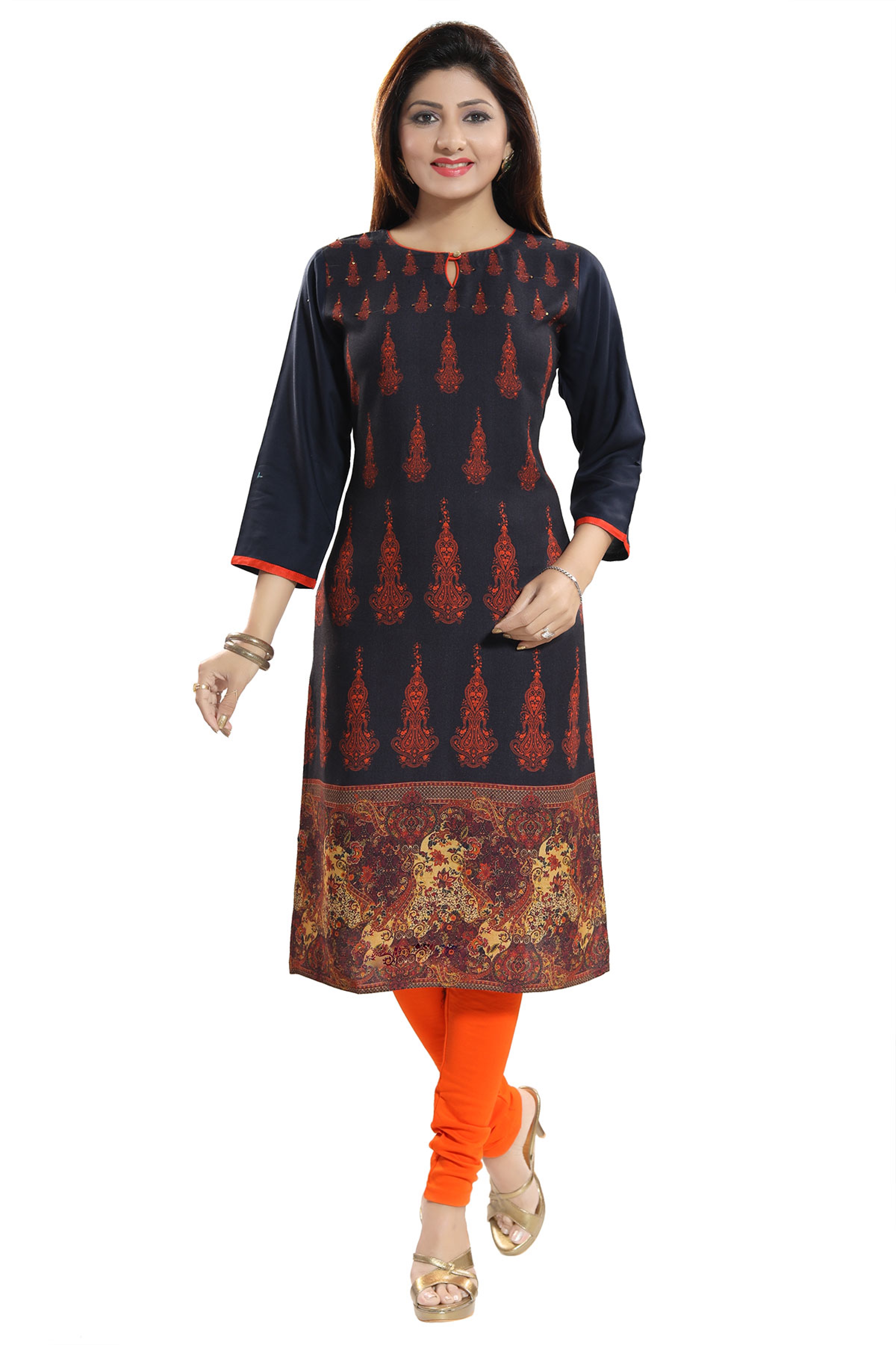 Elite Ethnic Navy Blue Rayon Cotton Long Kurti for Everyday Wear