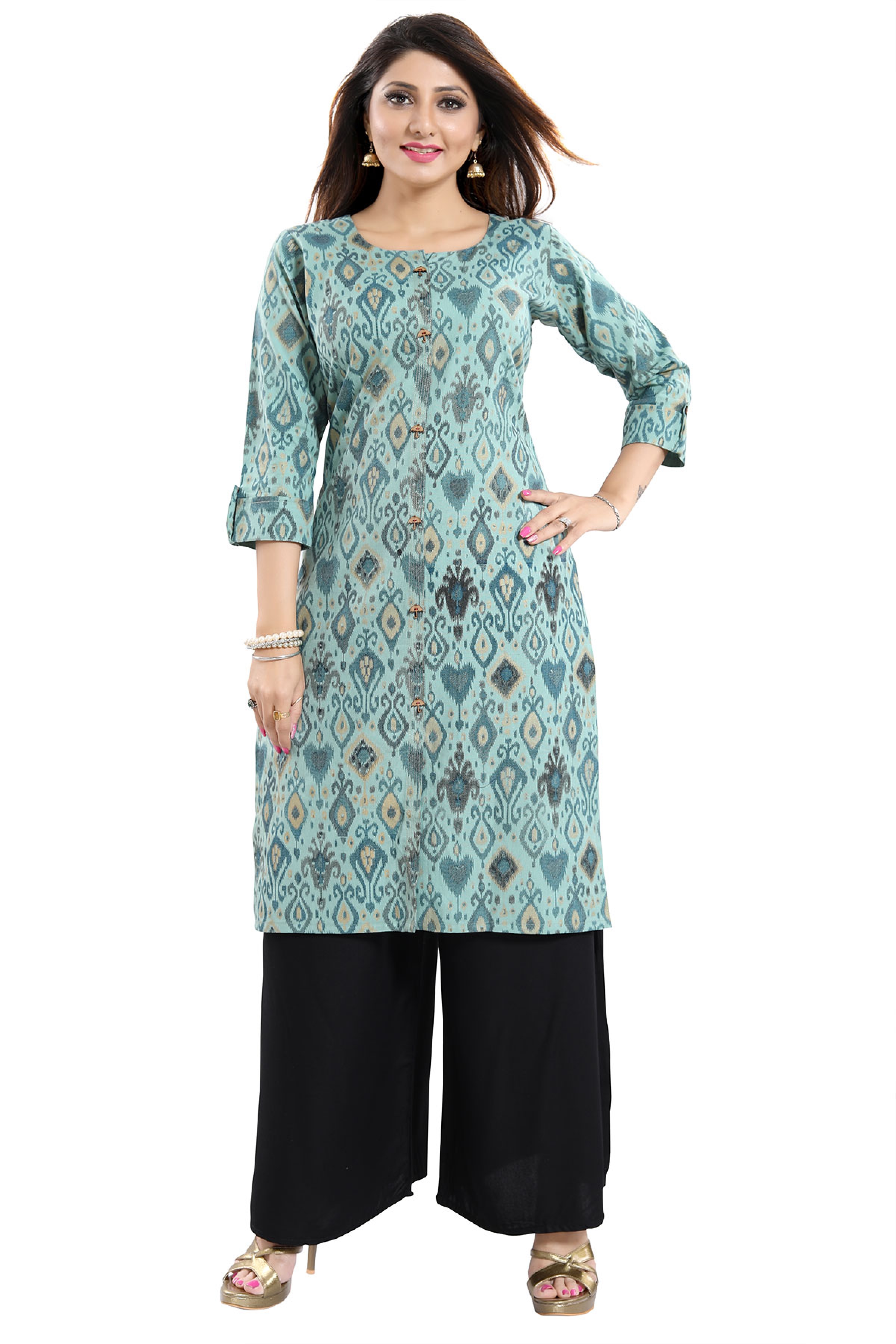 Designer Grace Green Ikkat Print Shirt-Style Long Kurta For Women