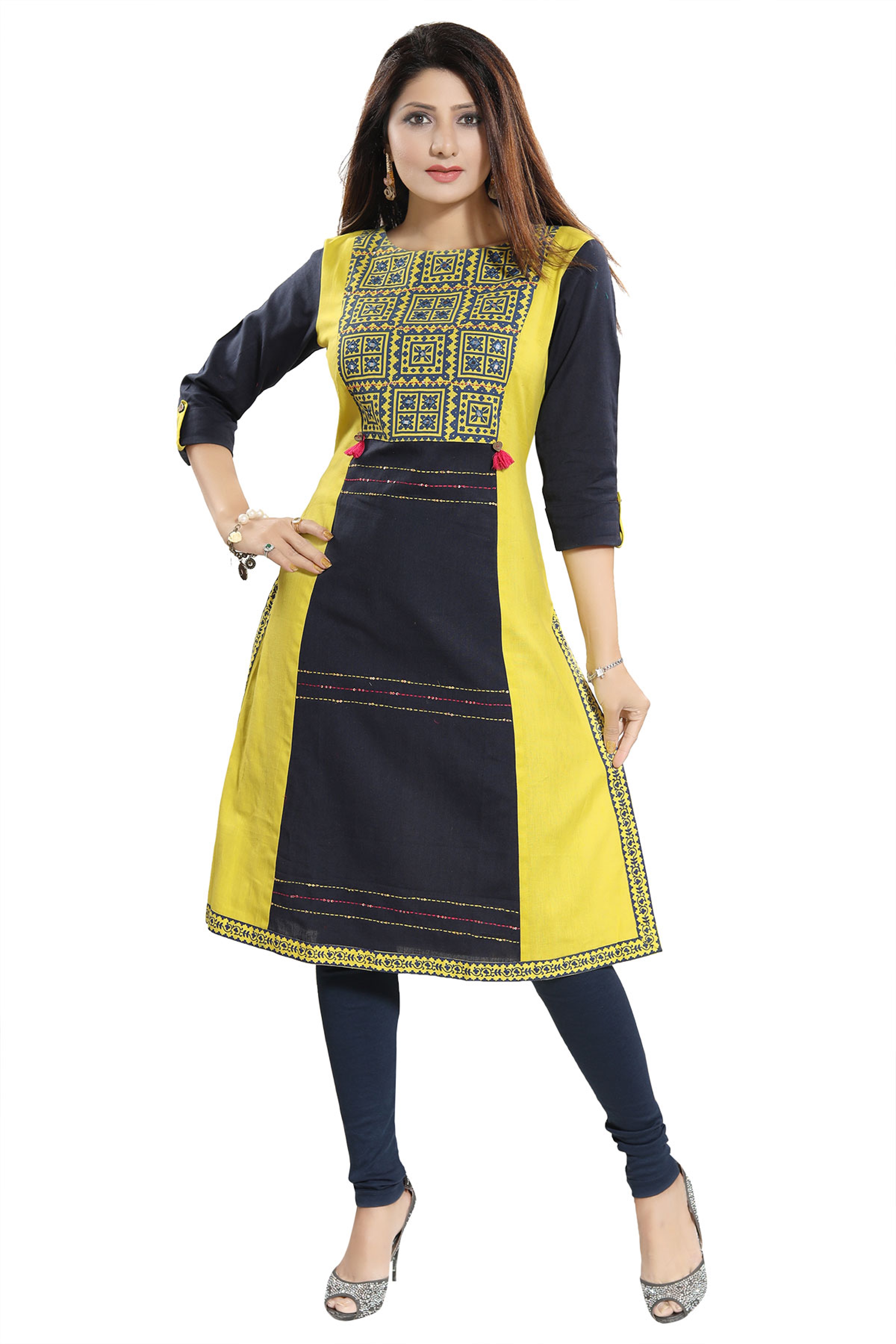 Novel Navy Blue Cotton Printed Tunic with Pom Pom Design