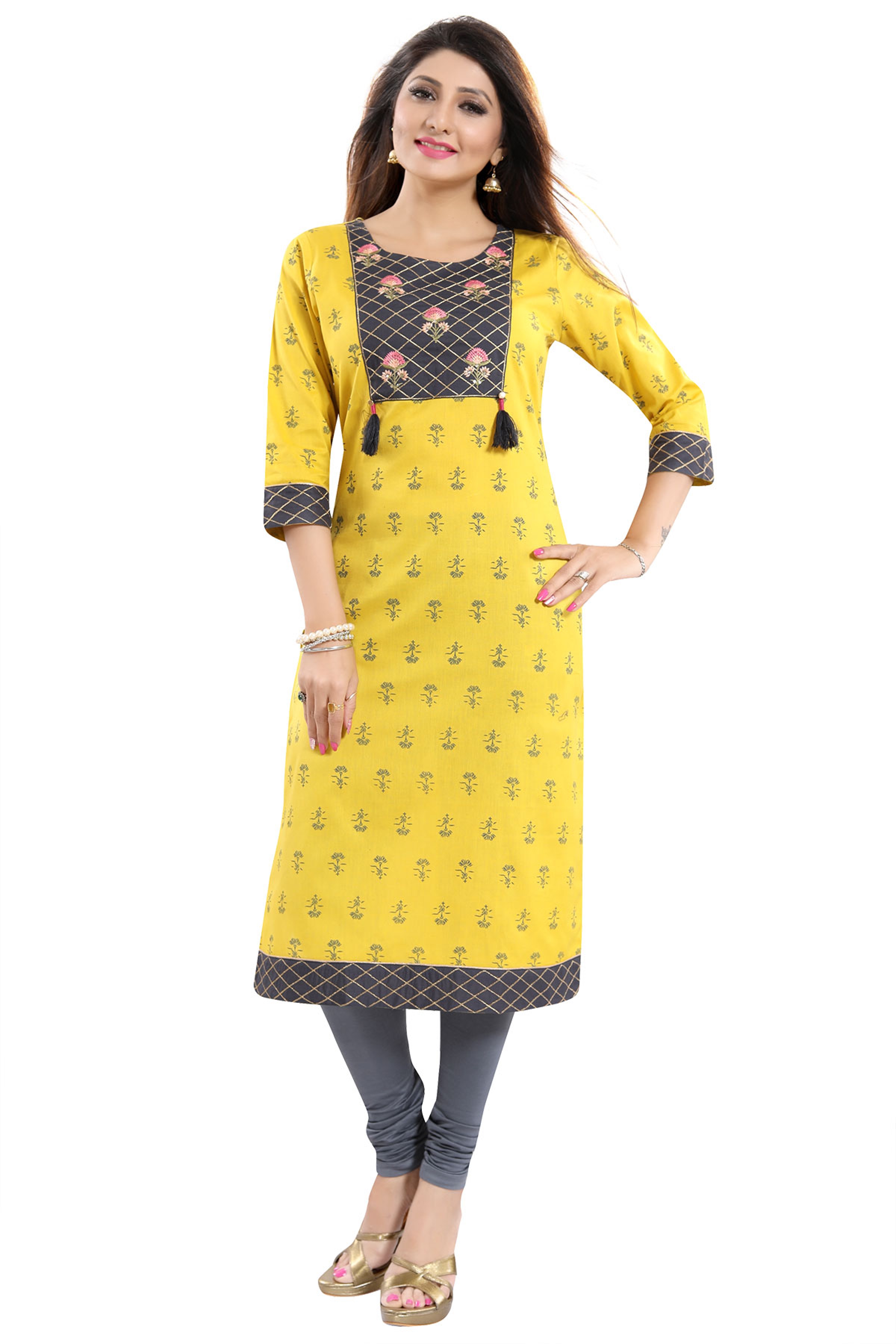 Flamboyant Designer Cotton Long Kurti with Contrast Embroidered Patchwork