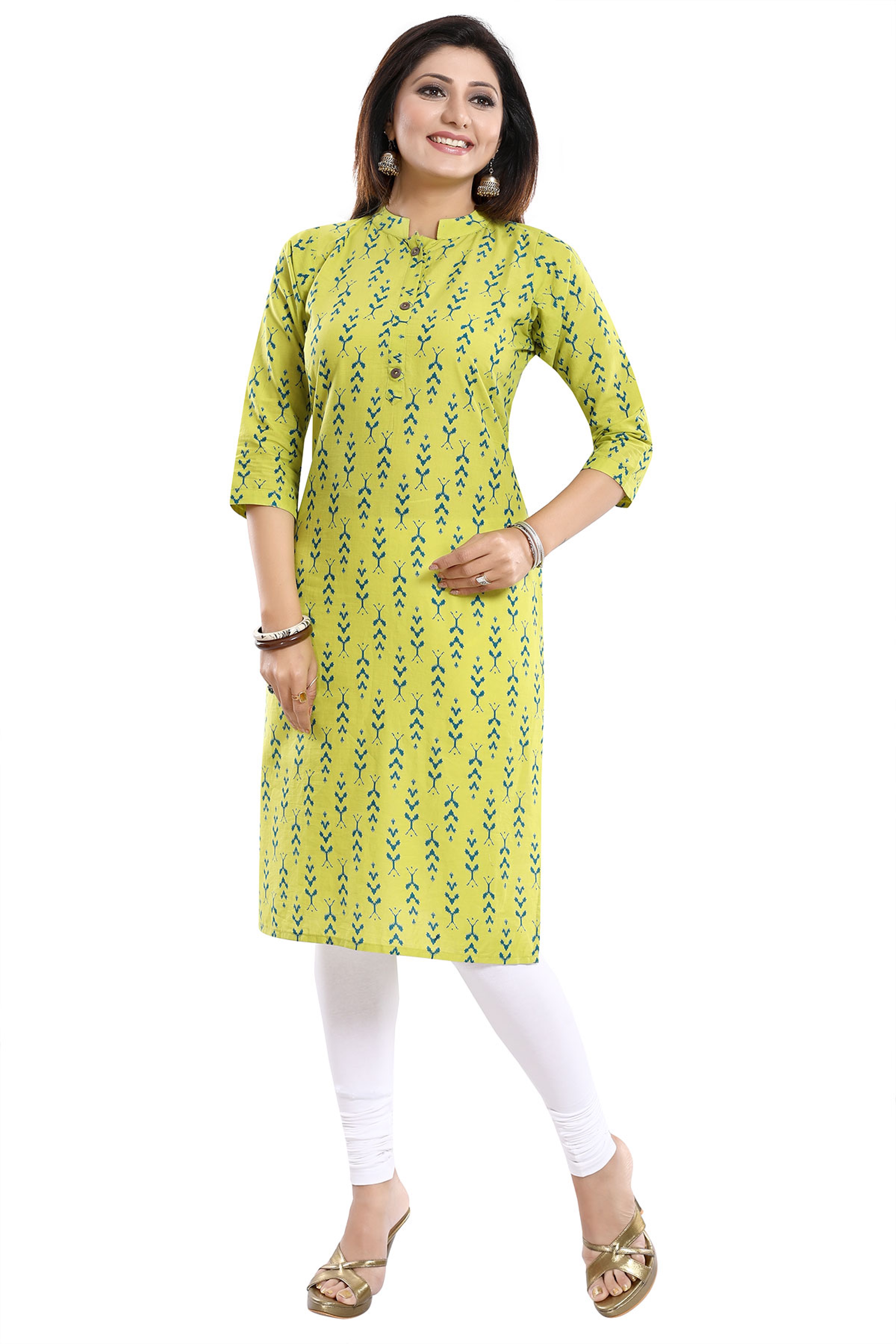 Lively Lime Green Cotton Printed Tunic with Ban Collar for Work Wear