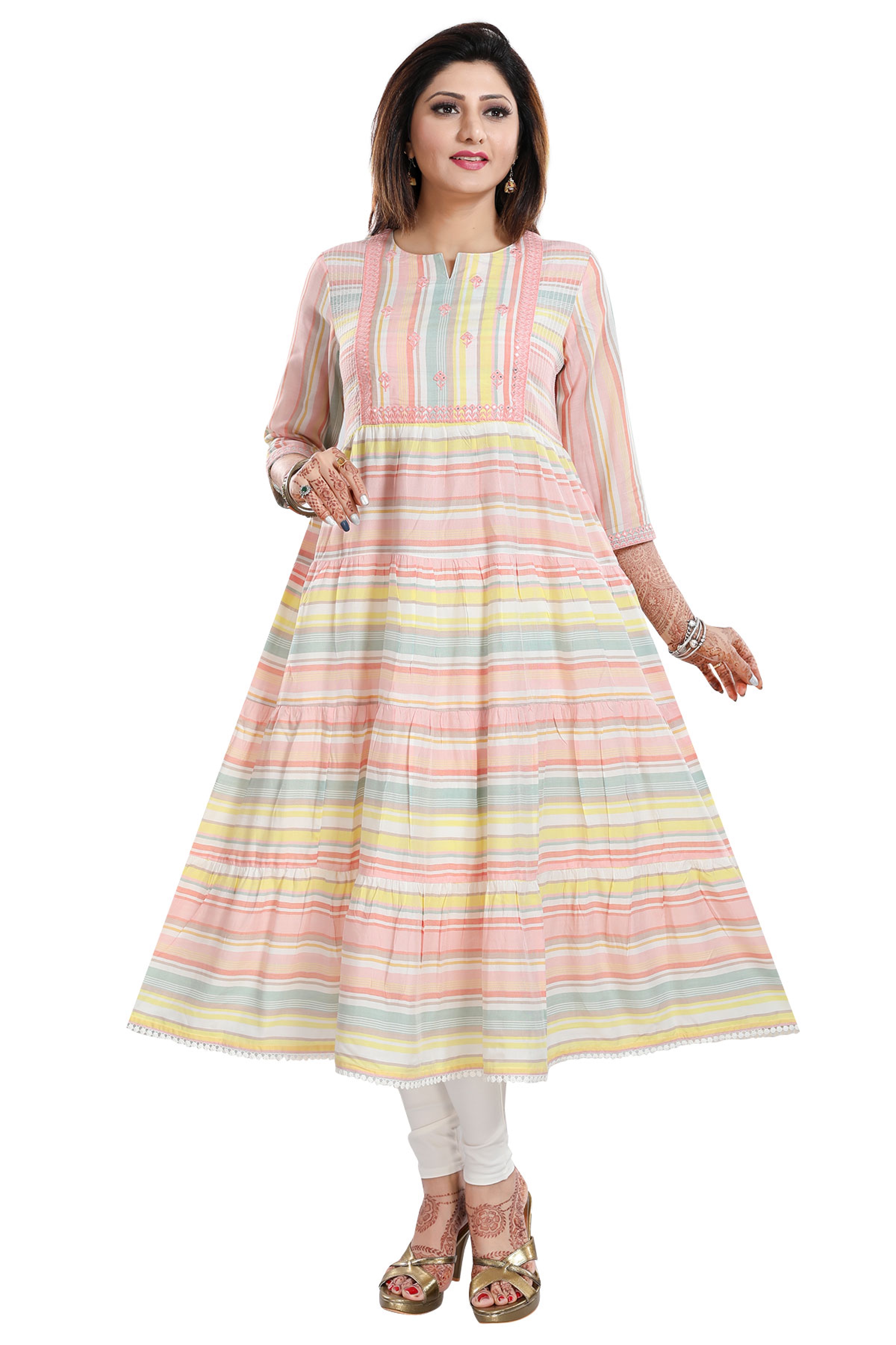 Multi Colored Stripped Flared and Flounce Long Kurti