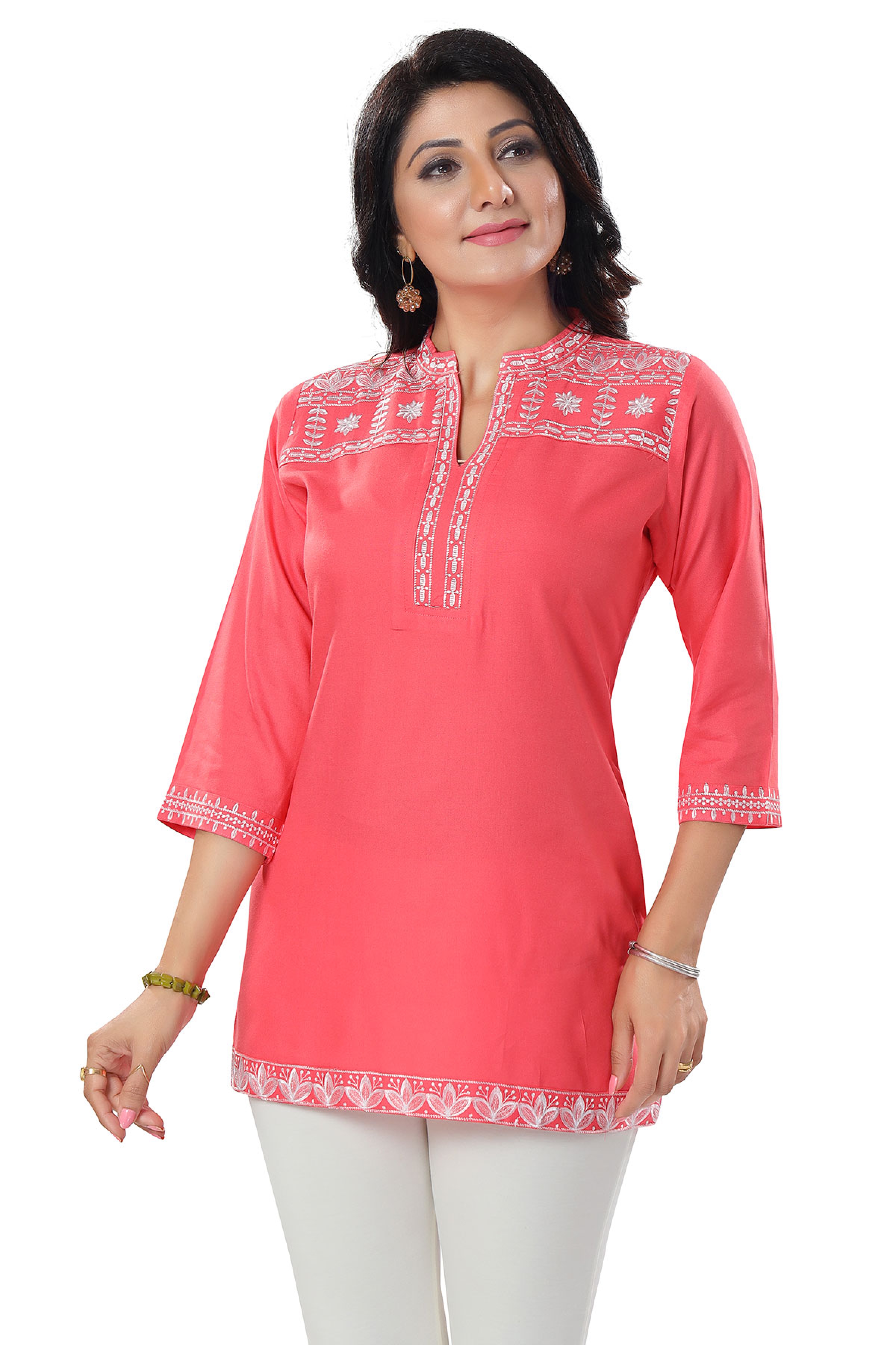 Pink Women Embroidered Boho Chic Tunic Top 2672