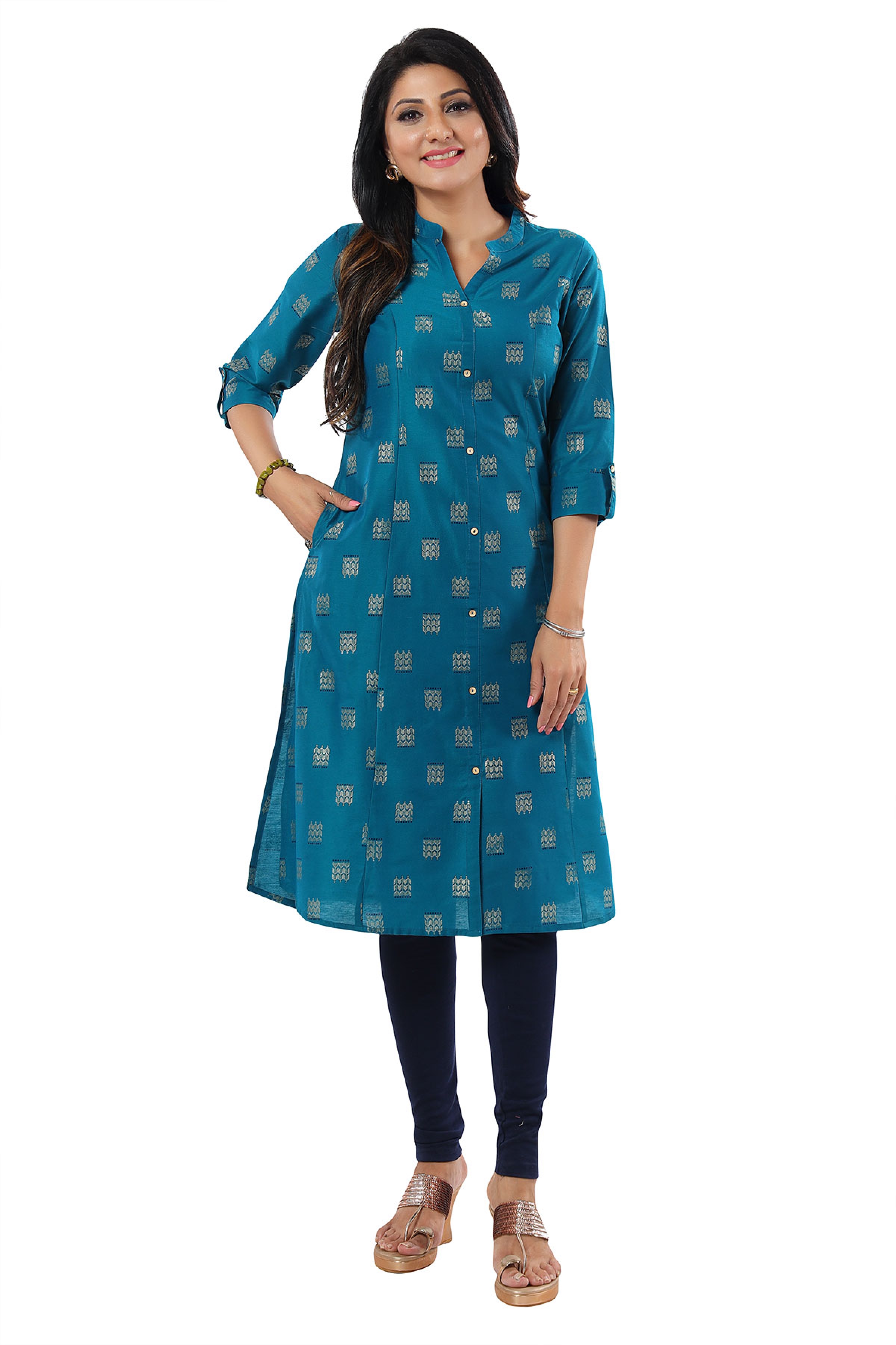 Pleasing Peacock Cotton Silk Print Long Kurta For Women